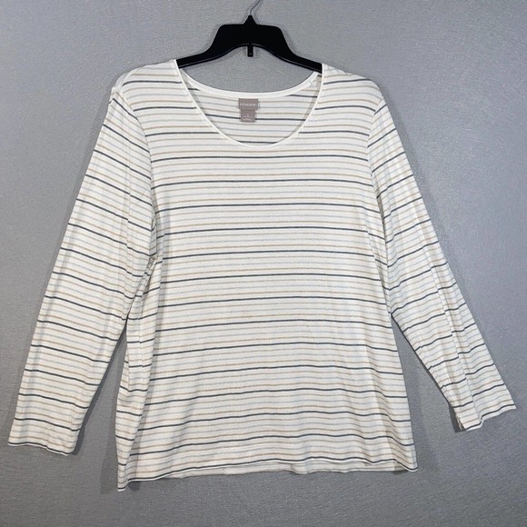 Chicos Top Womens 3 Beige Gray Stretch Scoop Neck Striped Long Sleeve Casual - Picture 1 of 15
